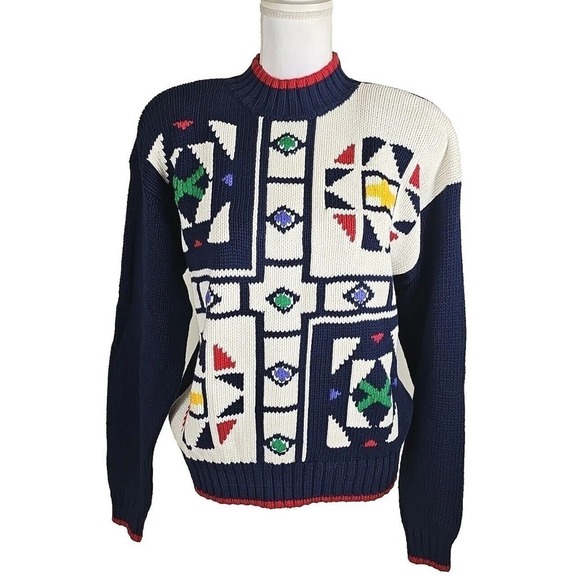 Vintage Lizwear ~Woman Size M~ Blue/White Embroidered Sweater Colorful NWT. - Picture 9 of 12